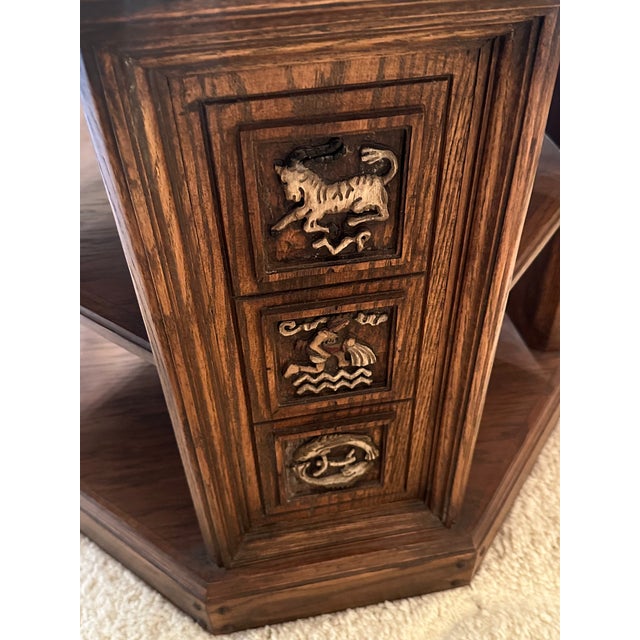 Vintage Romweber Viking Oak Zodiac Leather Top Octagon Table For Sale In Chicago - Image 6 of 8