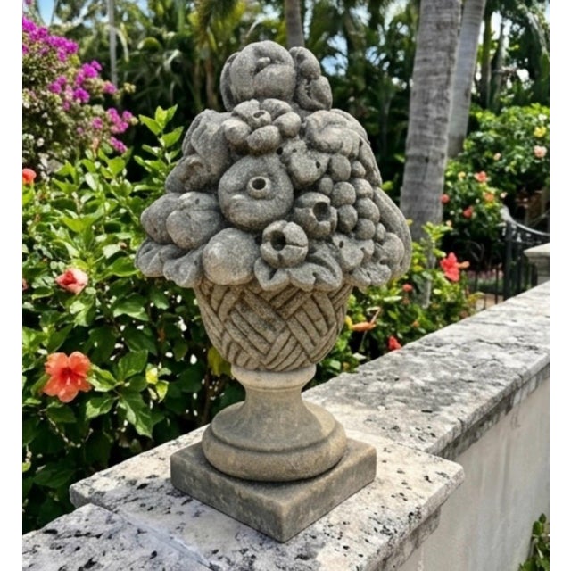 Dark Gray Vintage Classical Cast Stone Fruit & Floral Urn Finial / Garden Basket Sculpture For Sale - Image 8 of 11
