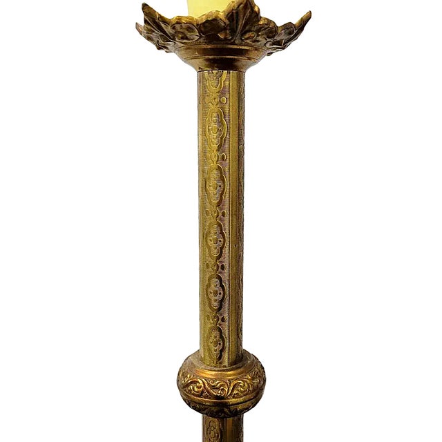 Antique French Gothic Revival Gilt Brass Altar Candlesticks – Pair, 24 Inches For Sale - Image 4 of 7