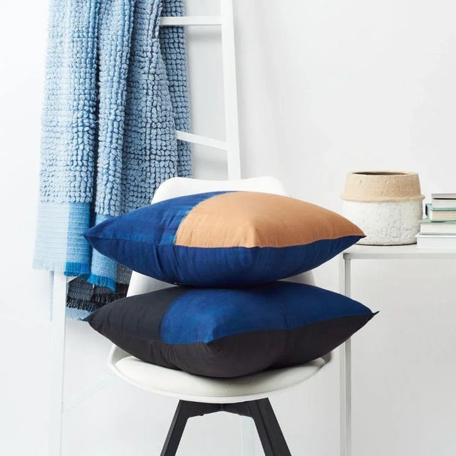 Aakar Indigo Gold Color Block Mulberry Silk Pillow For Sale - Image 4 of 6