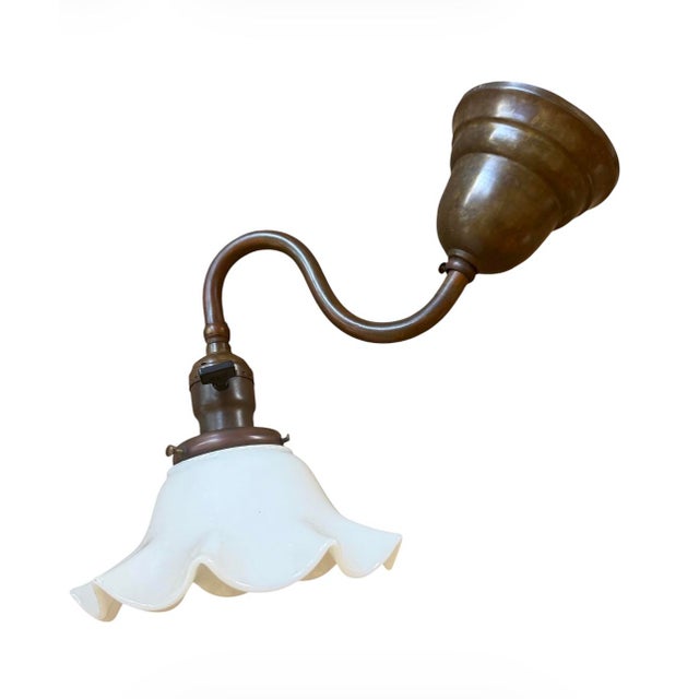 Metal Rare Antique Brass and Wavy Milk Glass Wall Sconces - A Pair For Sale - Image 7 of 8