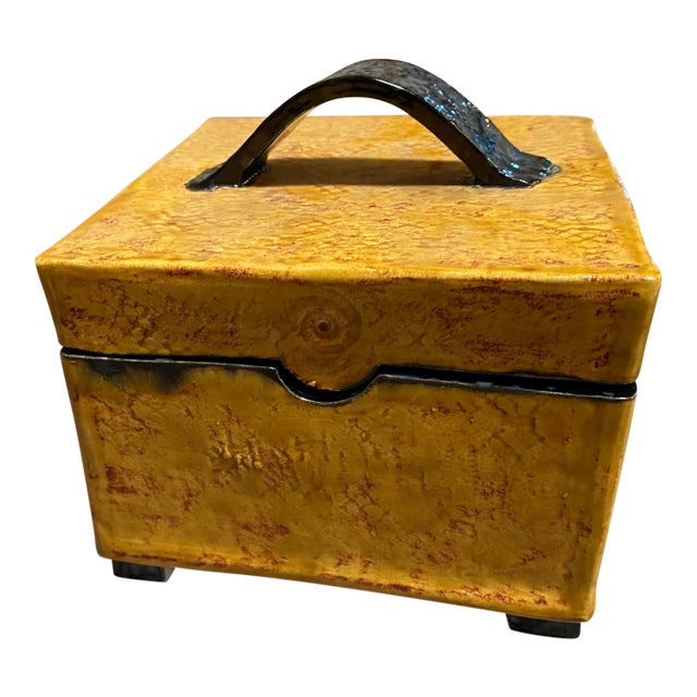 Mottled Yellow Gold and Navy Blue Ceramic Box For Sale