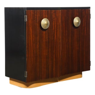 Art Deco Brass Pulls & Leather Wrapped Base Paldao Wood Cabinet by Gilbert Rohde For Sale