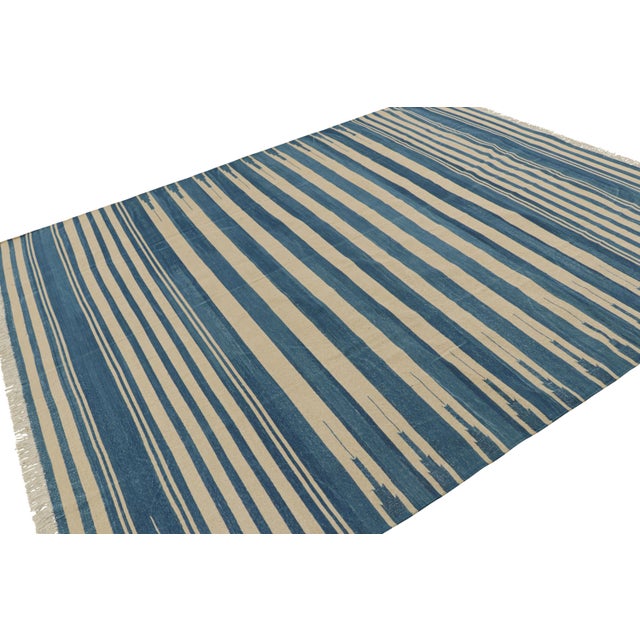 Rug & Kilim Rug & Kilim's Contemporary Dhurrie Rug in Blue and Beige Stripes - 12x15 For Sale - Image 4 of 8