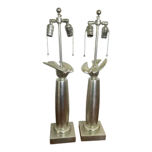 1970s Sirmos Dove Column Plaster Silver Champagne Leaf Finish Lamps - a Pair