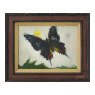 Mid-Century Modernist Butterfly Oil Painting in Distressed Wood Frame, Mid-Century For Sale