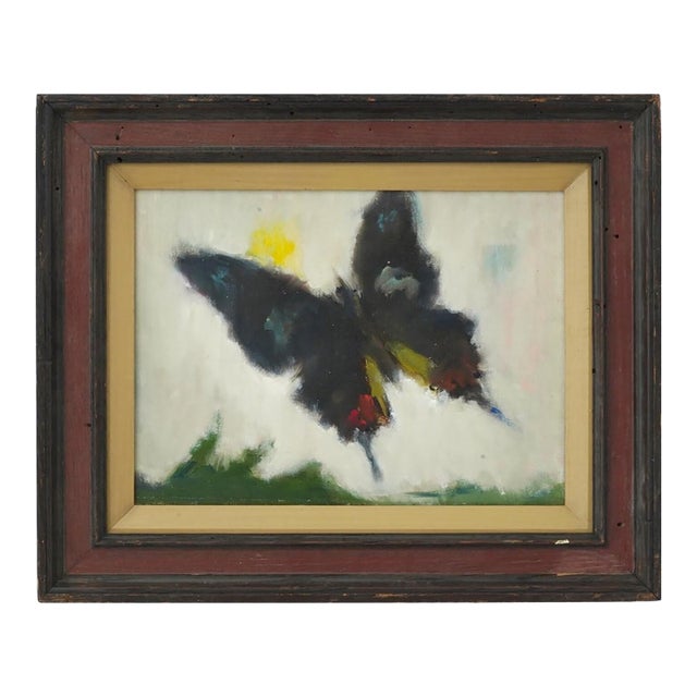 Mid-Century Modernist Butterfly Oil Painting in Distressed Wood Frame, Mid-Century For Sale