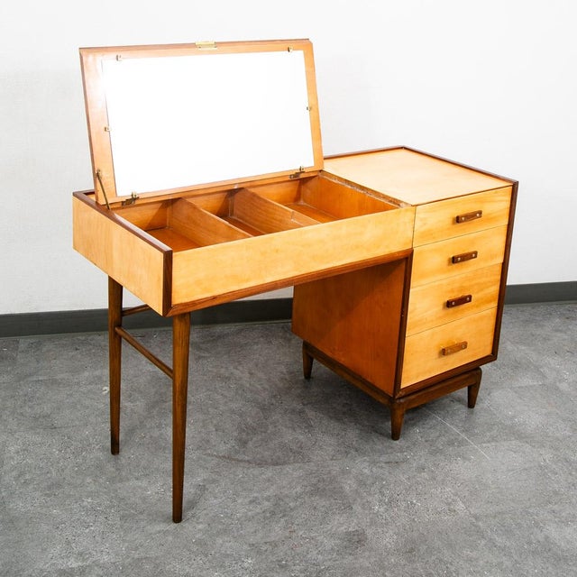 Rare high contrast Italian mid century Vanity Desk. Solid walnut trim and solid Birch / blonde wood throughout the rest....