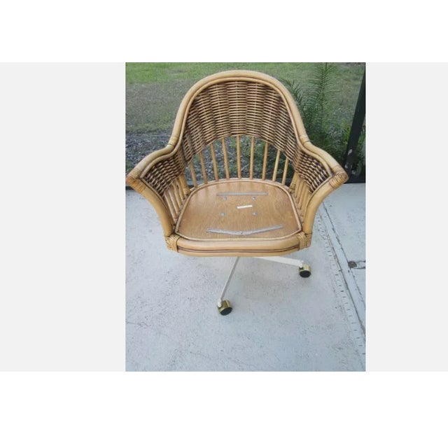 Coastal 1970s Alexander & Sheridan Rattan Bamboo Dining Armchair Swivel Caster With Cushion- Set of 2 For Sale - Image 3 of 9