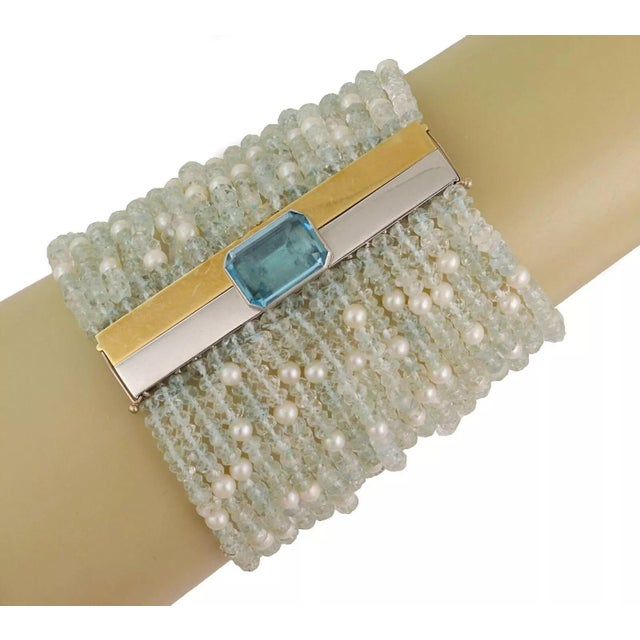Contemporary Blue Topaz Aquamarine Pearls 18k Gold Multi-Strand Bead Bracelet For Sale - Image 3 of 4