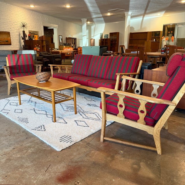 Vintage mid-century Danish seating suite in carved quarter-sawn European white oak and wool attributed to Henning...