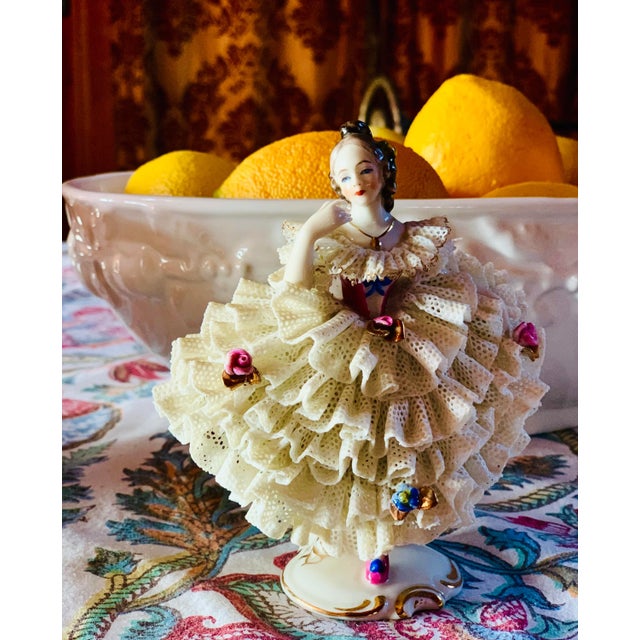 Vintage Dresden Rococo-Style Porcelain Figurine in a Lace Ball Gown, Circa 1955 by Germany’s Porzellanfabrik AL-KA Kunst...