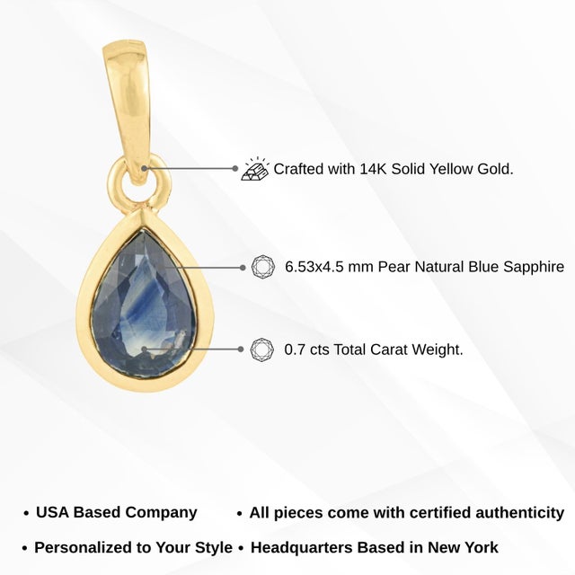 Handcrafted Natural Pear-Cut Blue Sapphire Solitaire Pendant in 14k Yellow Gold For Sale - Image 12 of 15