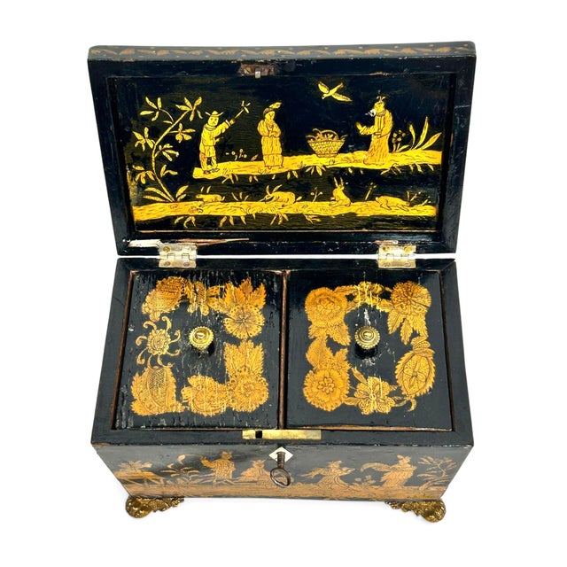 Black 19th Century England Regency Chinoiserie Black Lacquer Tea Caddy For Sale - Image 8 of 12