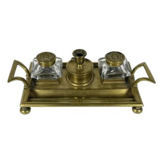 19th Century Victorian Brass Double Inkwell & Candle Holder Set: English Antique For Sale