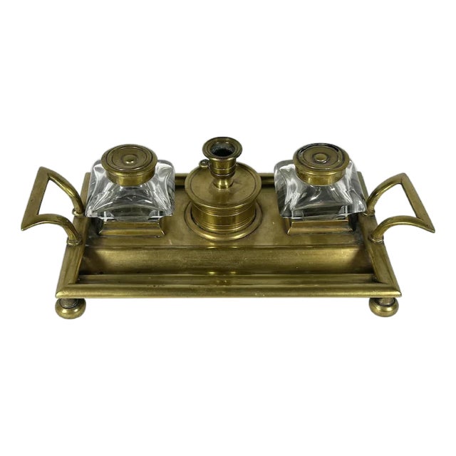 19th Century Victorian Brass Double Inkwell & Candle Holder Set: English Antique For Sale