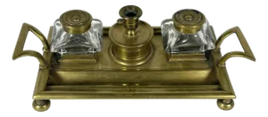 19th Century Victorian Brass Double Inkwell & Candle Holder Set: English Antique