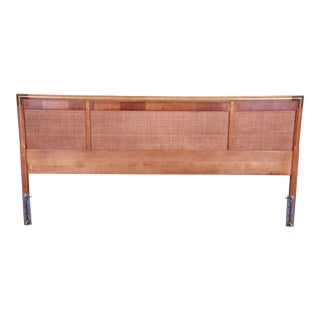 Mid-Century Modern Walnut, Rattan, and Brass King Size Headboard, Circa 1960s For Sale