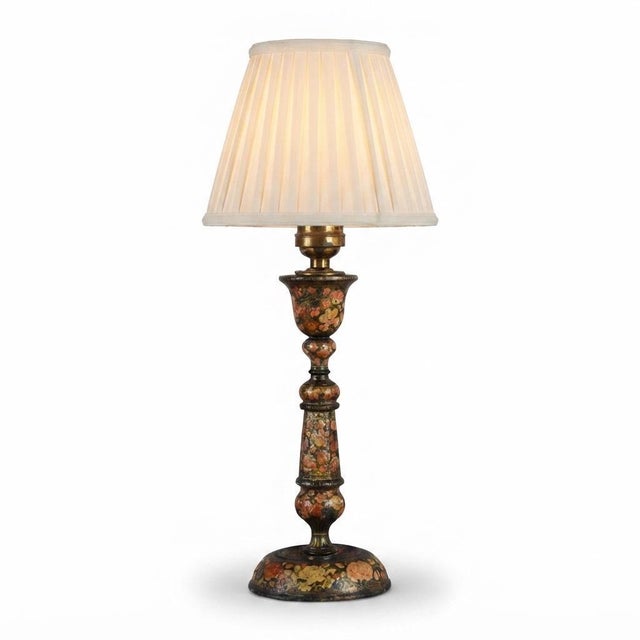 Antique Kashmiri table lamp base dating to the 1910s. Its turned wooden column combines slender and rounded sections above...
