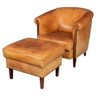 Set of 20th Century Dutch Sheepskin Leather Tub Chair & Footstool For Sale