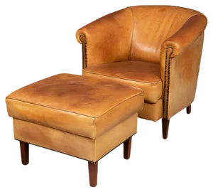 Set of 20th Century Dutch Sheepskin Leather Tub Chair & Footstool