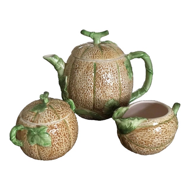 Vintage Haldon Group 1982 Cantaloupe Design Teapot, Sugar and Creamer Set- 3 Pieces For Sale