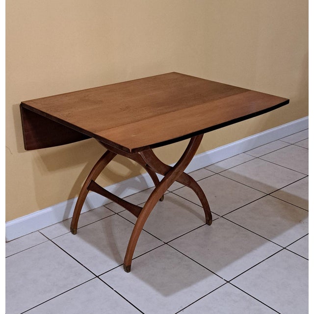 Mid-Century Modern MCM Adjustable Elevator Table Coffee to Dining Solid Wood Drop Leaf X‑Frame Base For Sale - Image 3 of 10
