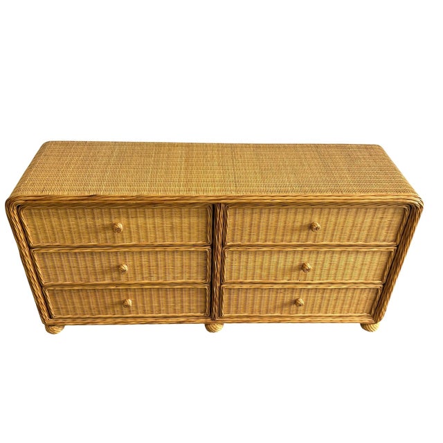 Hollywood Regency Vintage Boho Chic Pencil Reed Rattan Six Drawer Dresser For Sale - Image 3 of 12