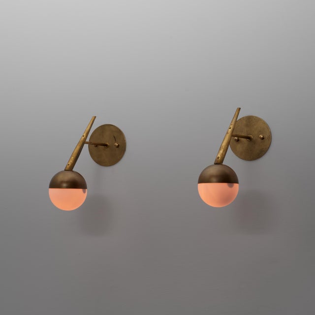 Vintage Italian Brass and Opaline Glass Globe Wall Sconces, 1950s, Set of 2 For Sale - Image 11 of 11
