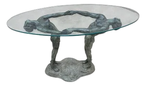 Vintage Art Deco Bronze Maude Sherwood Jewett Attributed "Man & Woman" Signed Base With Oval Glass Top Table