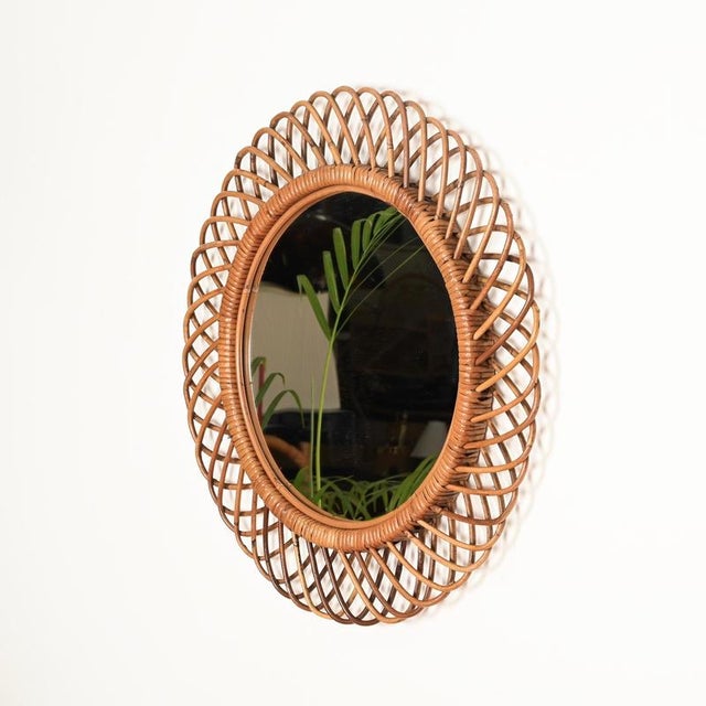 Tan Mid-Century Round Mirror in Rattan and Wicker from Franco Albini, Italy, 1970s For Sale - Image 8 of 11