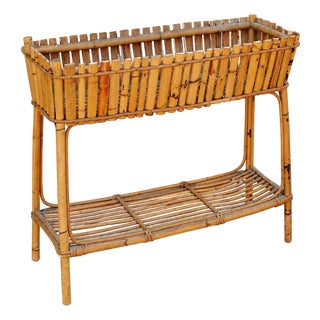 French Bamboo and Rattan Two-Tier Jardinière Planter, 1960s For Sale
