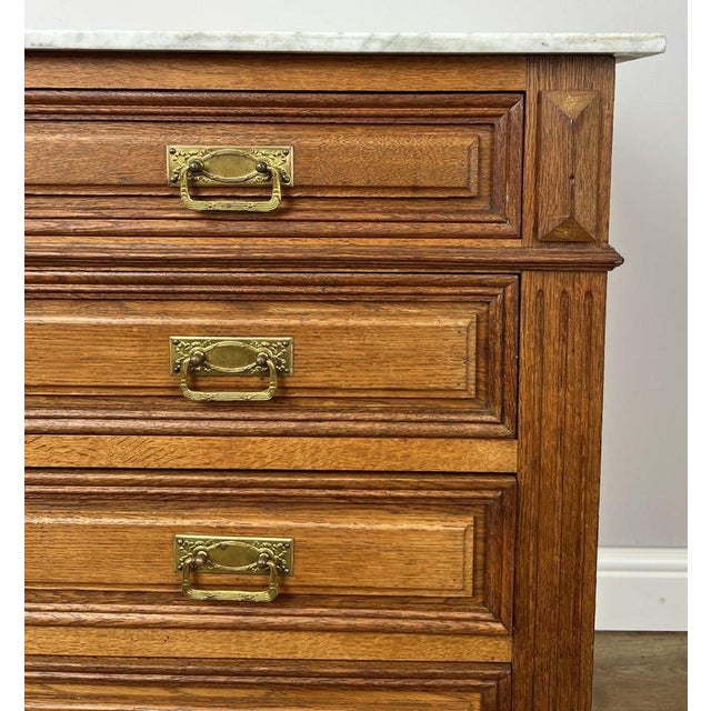 Metal Antique French Oak Marble Top Carved Chest of Drawers For Sale - Image 7 of 15