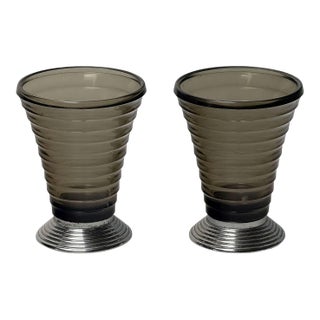 Art Deco Vases of Ribbed Smoked Glass and Chrome - From France (Two Available) For Sale