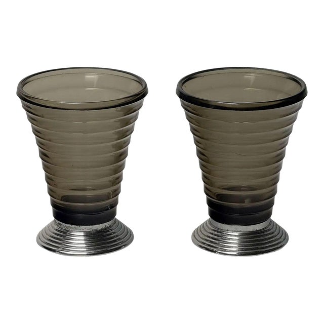 Art Deco Vases of Ribbed Smoked Glass and Chrome - From France (Two Available) For Sale