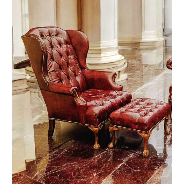 Traditional 1990s Chesterfield Leather Wingback Chair With a Matching Ottoman by Ethan Allen For Sale - Image 3 of 12