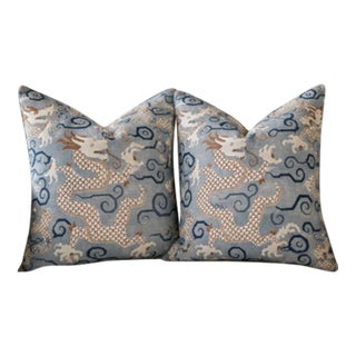 Schumacher Bixi in Celestine Velvet 22’” Down Filled Pillows - A Pair For Sale