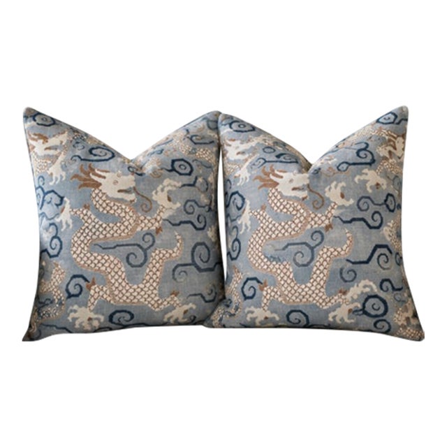 Schumacher Bixi in Celestine Velvet 22’” Down Filled Pillows - A Pair For Sale