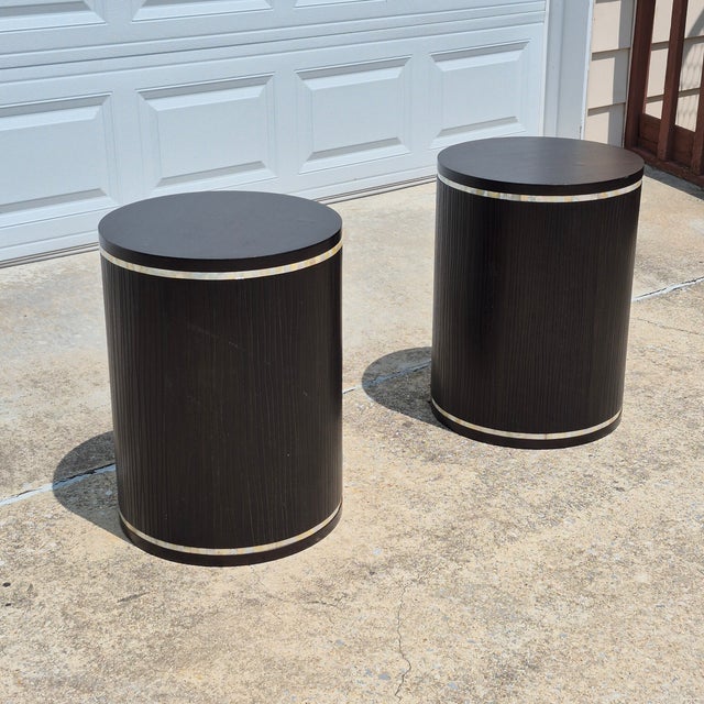 2000 - 2009 2000s Faux Bois Wood & Mother of Pearl Drum Tables Drink Accent Side Tables, a Pair For Sale - Image 5 of 14
