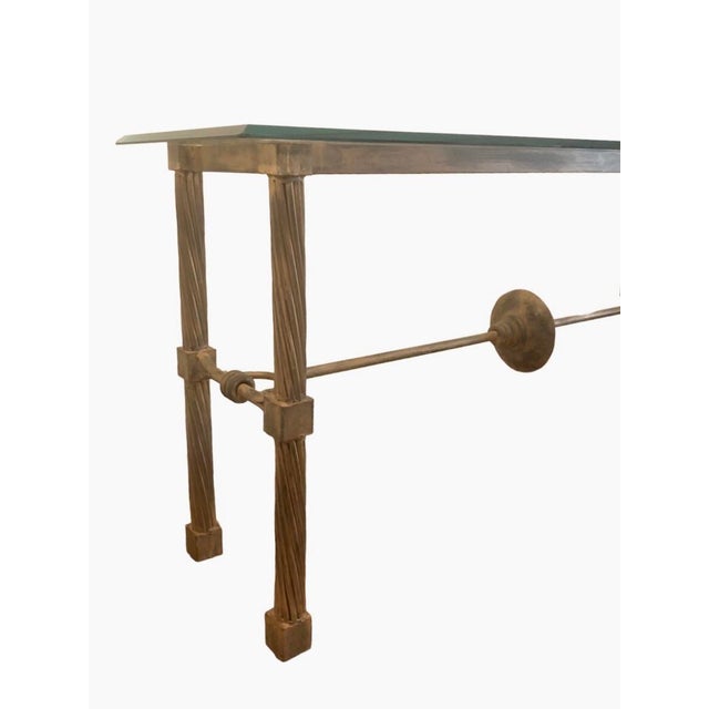 Art Deco Vintage Patina Bronze Metal Console Side Table With Thick Beveled Glass Top For Sale - Image 3 of 12
