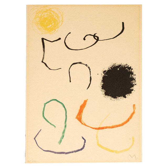 An original signed and numbered colored lithograph, by the Spanish abstract surrealist, Joan Miro (1893-1983), tilted...