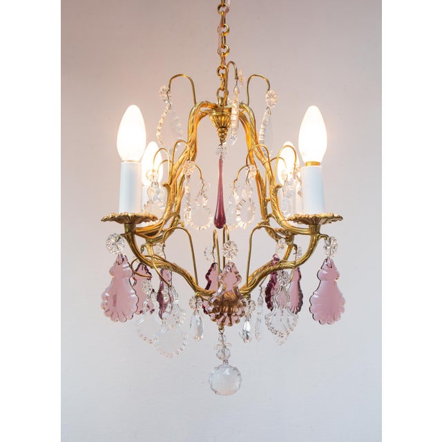 Metal French Bronze Chandelier with Violet Crystals, 1970s For Sale - Image 7 of 11