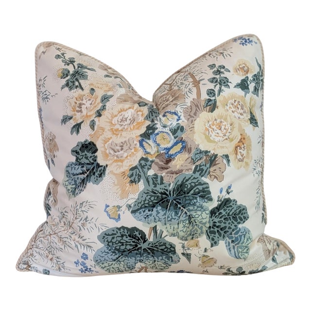 Lee Jofa Althea Cotton Chintz 20" Pillow in Citron With Cord- Single For Sale