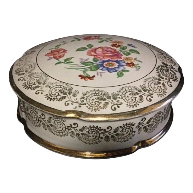 Vintage Porcelain Bonbonnière With Floral Decoration & Gold Trim For Sale