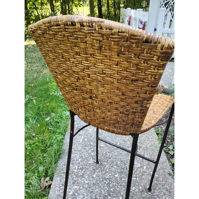 Late 20th Century Late 20th Century Wicker Iron Bar Counter Stools Pair For Sale - Image 5 of 10