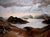 Gapers by Dana Hawk | Oil Painting of a landscape with mountains and a lake at sunset For Sale