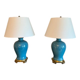 Mid 20th Century Chinoiserie Style Aqua Glazed Paul Hanson Ginger Jar Table Lamps - a Pair For Sale