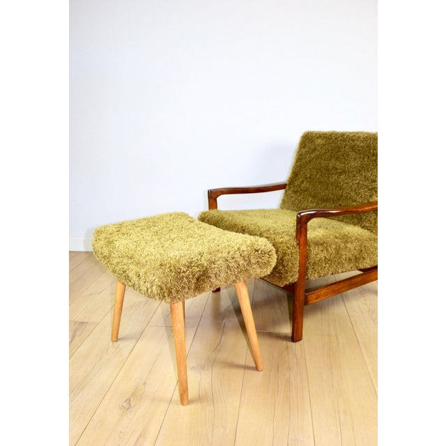 Vintage Wooden Armchair with Khaki Long Hair Upholstery by Z. Bączyk, 1970s For Sale - Image 11 of 13