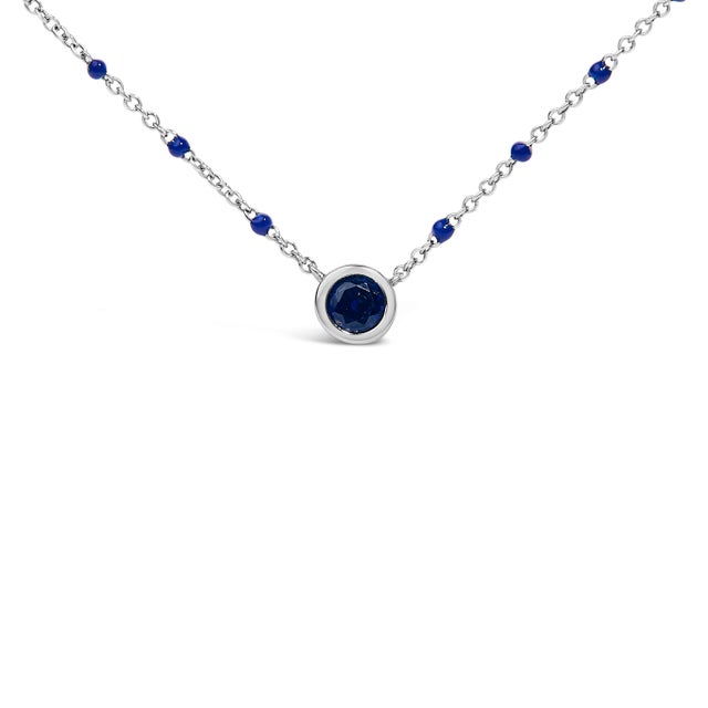 Contemporary Sterling Silver Created Sapphire Bead Chain Necklace 18 Inch For Sale - Image 3 of 4