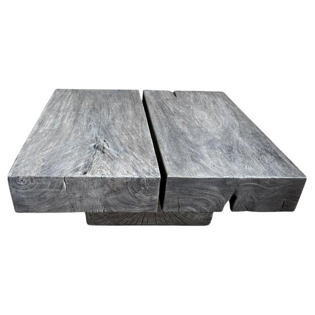 Beautiful old organic suar wood sanded and finished with a grey stain revealing the unique wood grain. Two 5.5” thick tops...